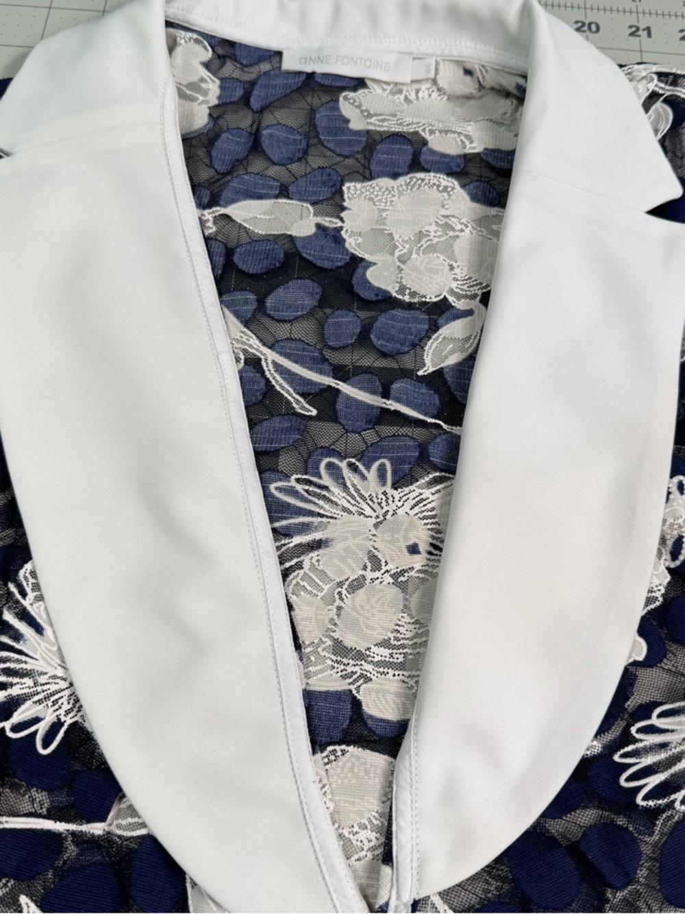 Anne Fontaine Christy Lace Blouse Navy Polka Dot Mesh Floral Shawl Collar L / 44 - Picture 11 of 16